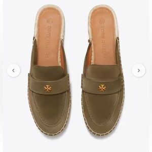 Tory Burch Olive Green Leather Slip-On Mules with Gold Logo